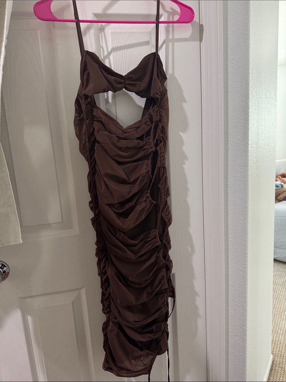 Oh Polly Brown Ruched Midi Dress with Spaghetti Straps